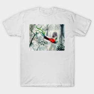 Quetzal Flying in Misty Forest T-Shirt